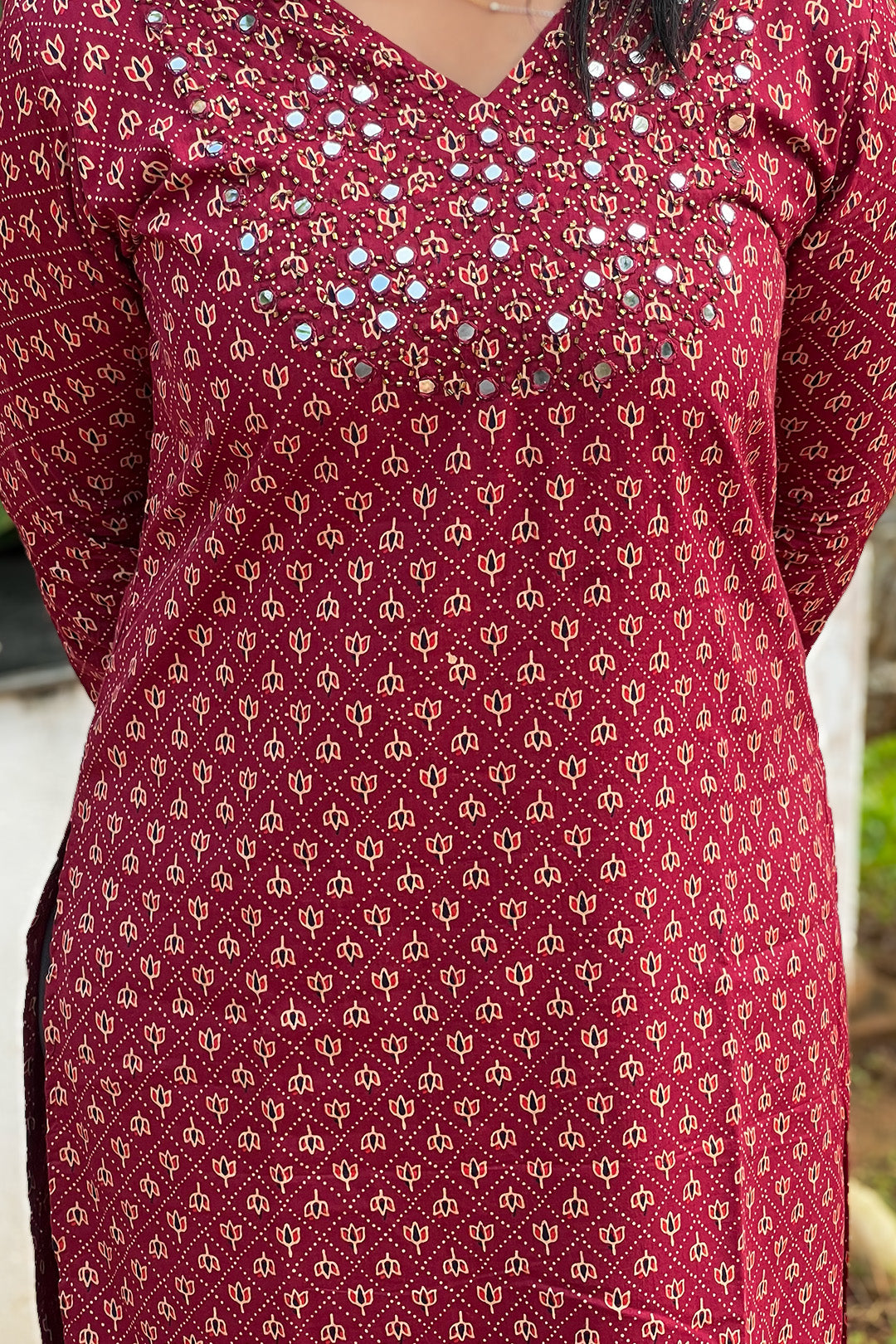 Aroha Chamak Kurti mirror-work detail close-up