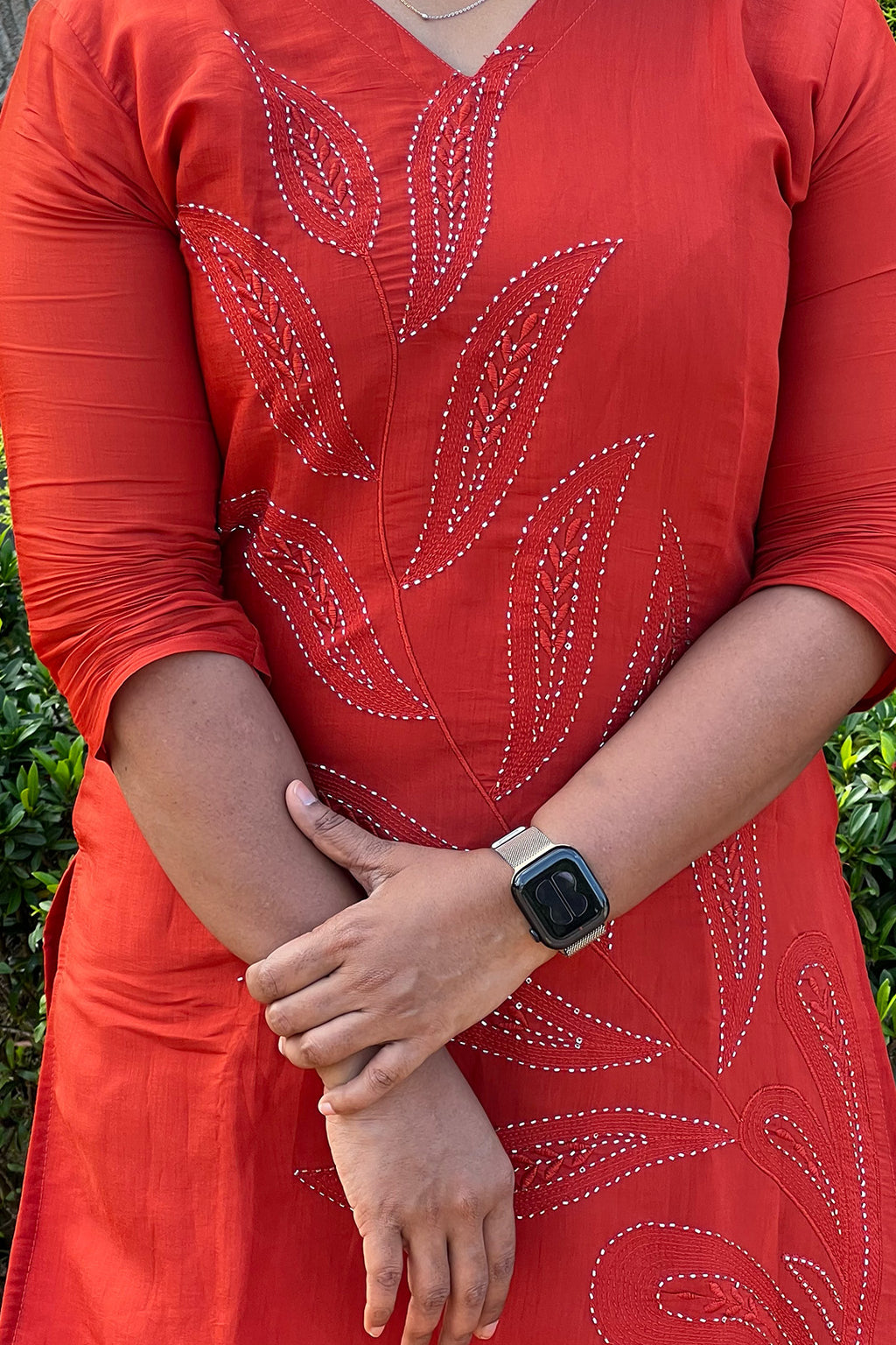Aroha Ember Leaf embroidery close-up