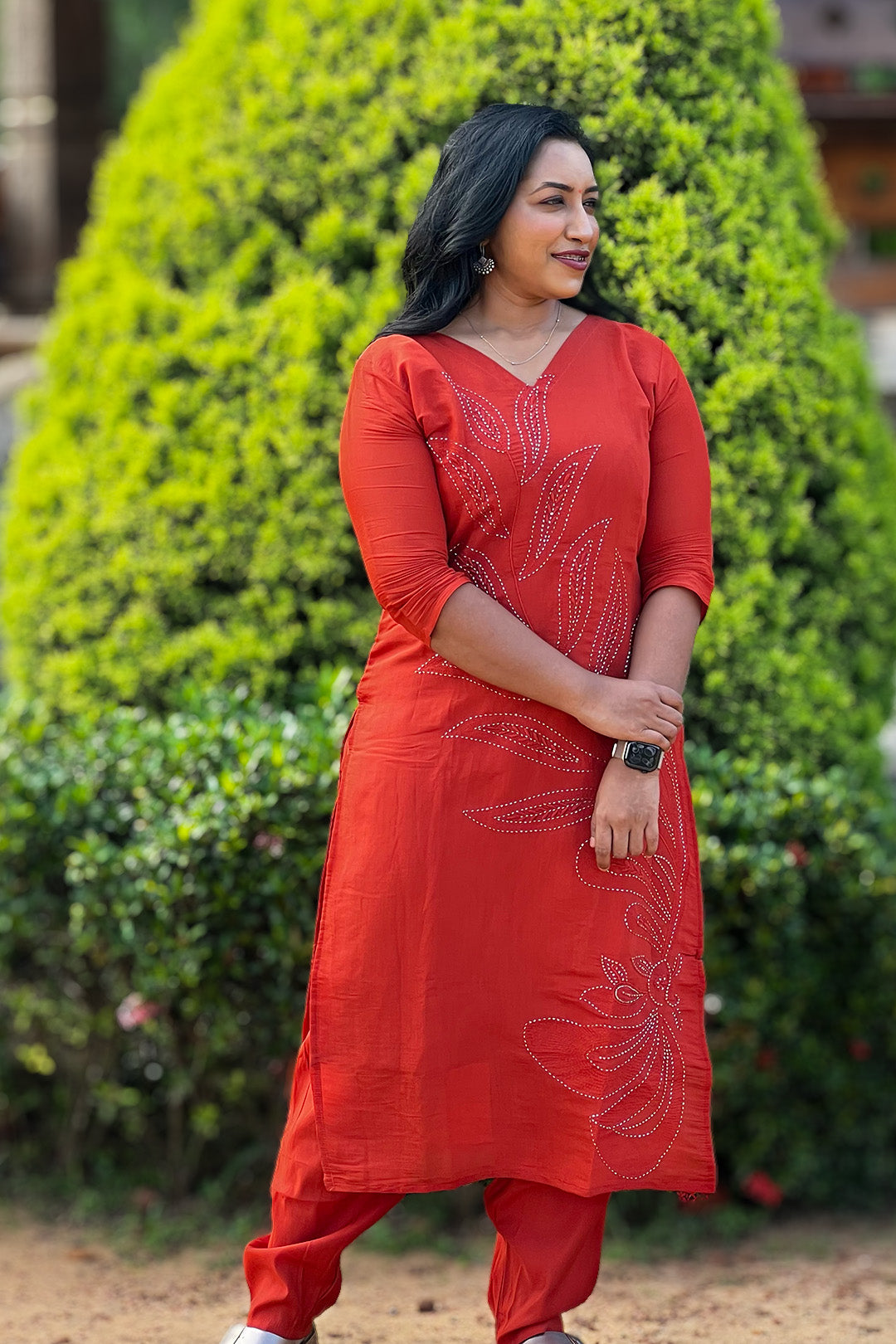 Aroha Ember Leaf terracotta co-ord set, front detail