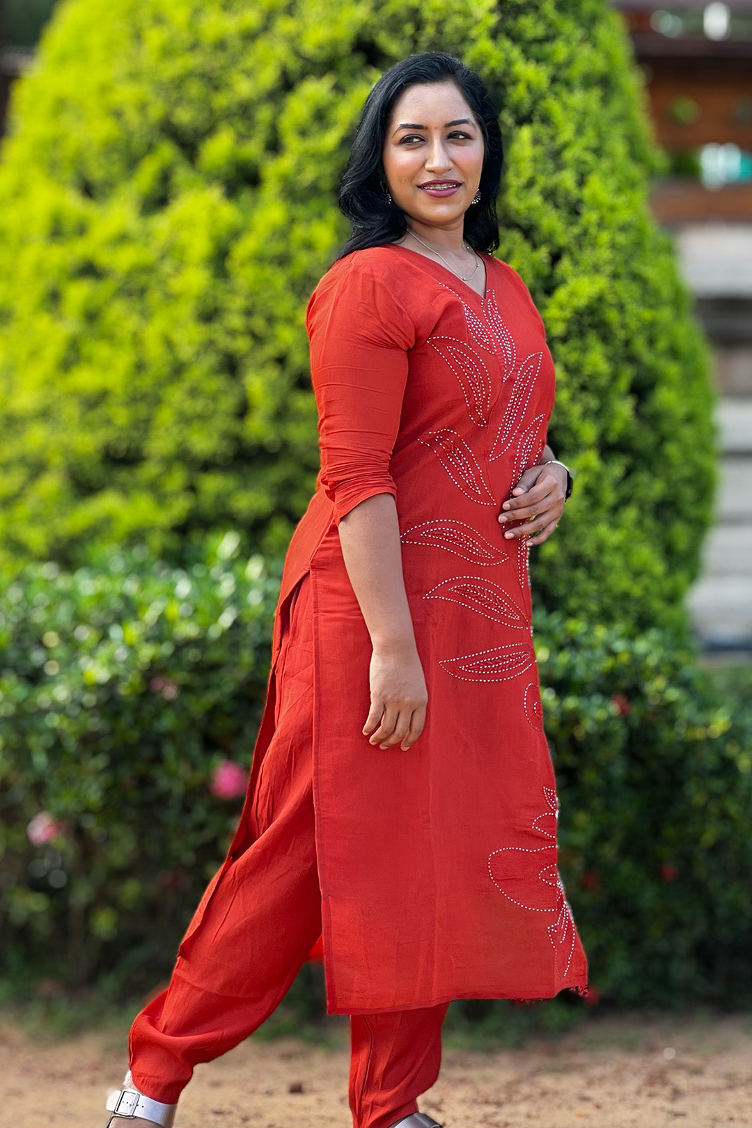 Aroha Ember Leaf co-ord set, side angle