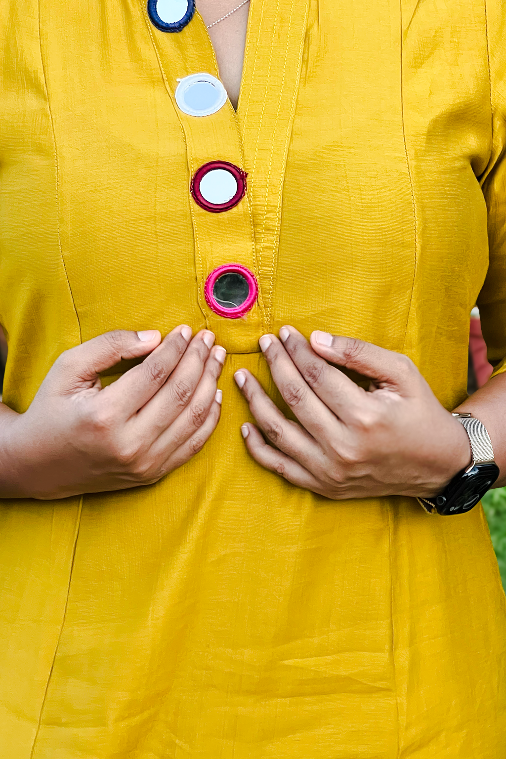 Aroha Mustard Muse neckline close-up