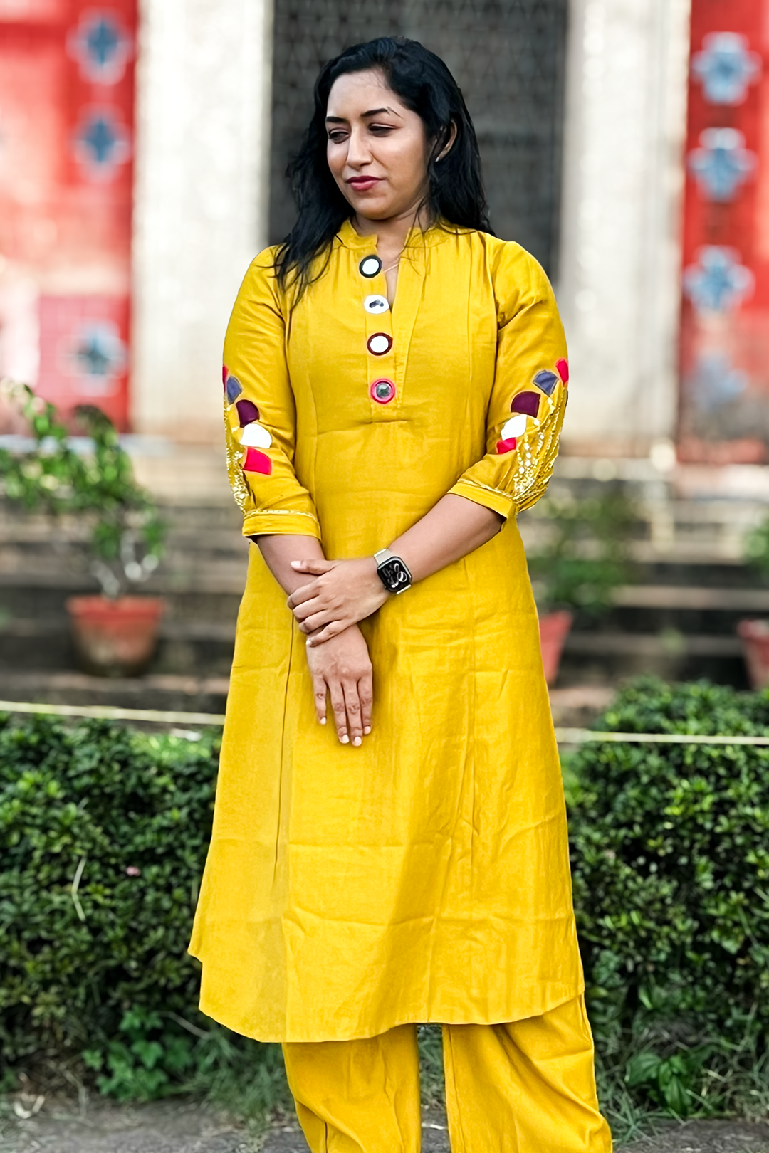 Aroha Mustard Muse golden co-ord set, styled view