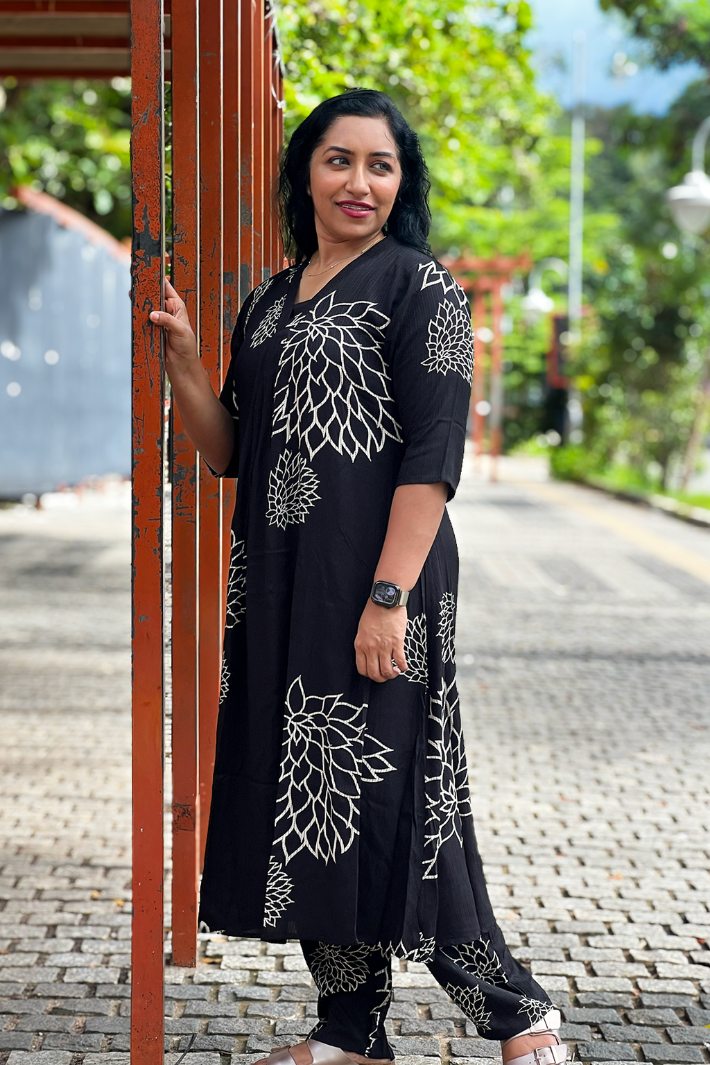 Aroha Noir Bloom black co-ord set, side view