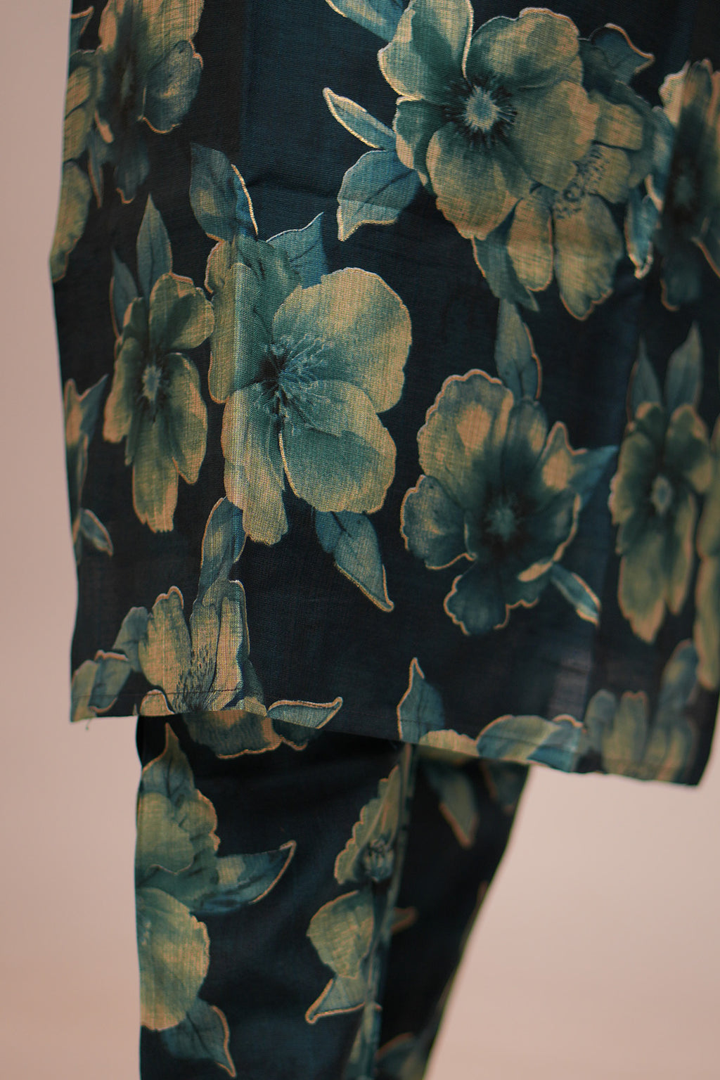 Close up of feet and hem detailing on Aroha Oceanic Bloom co-ord set