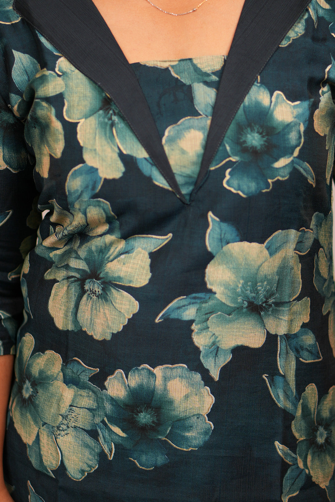 Close up of neckline detailing on Aroha Oceanic Bloom co-ord set