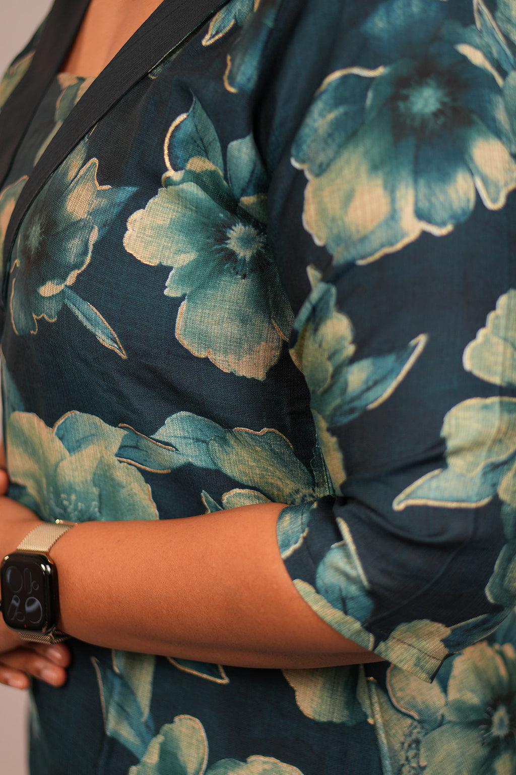 Close up of sleeve detailing on Aroha Oceanic Bloom co-ord set