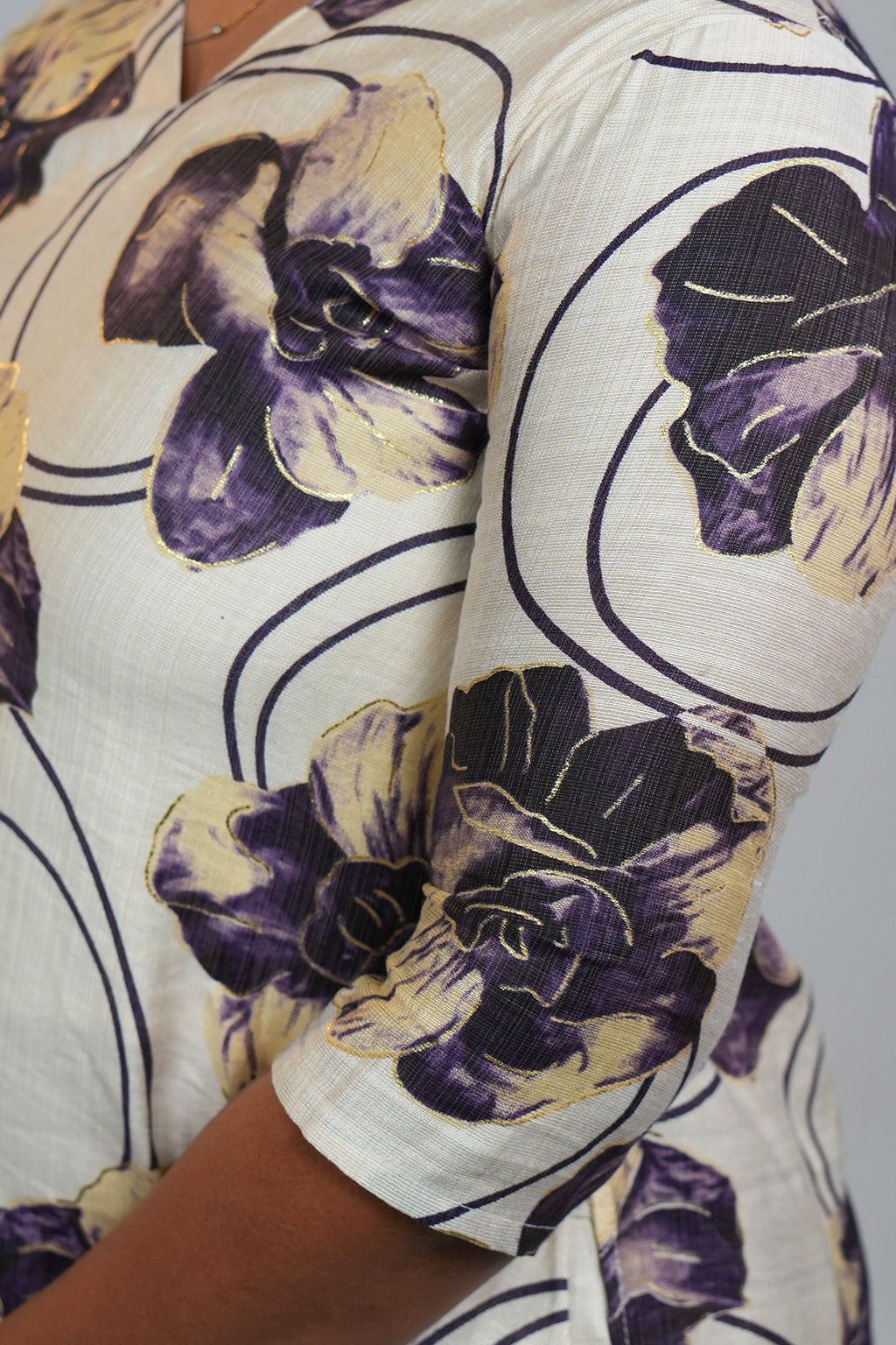 Close up of sleeve detailing on Aroha Orchid Muse co-ord set