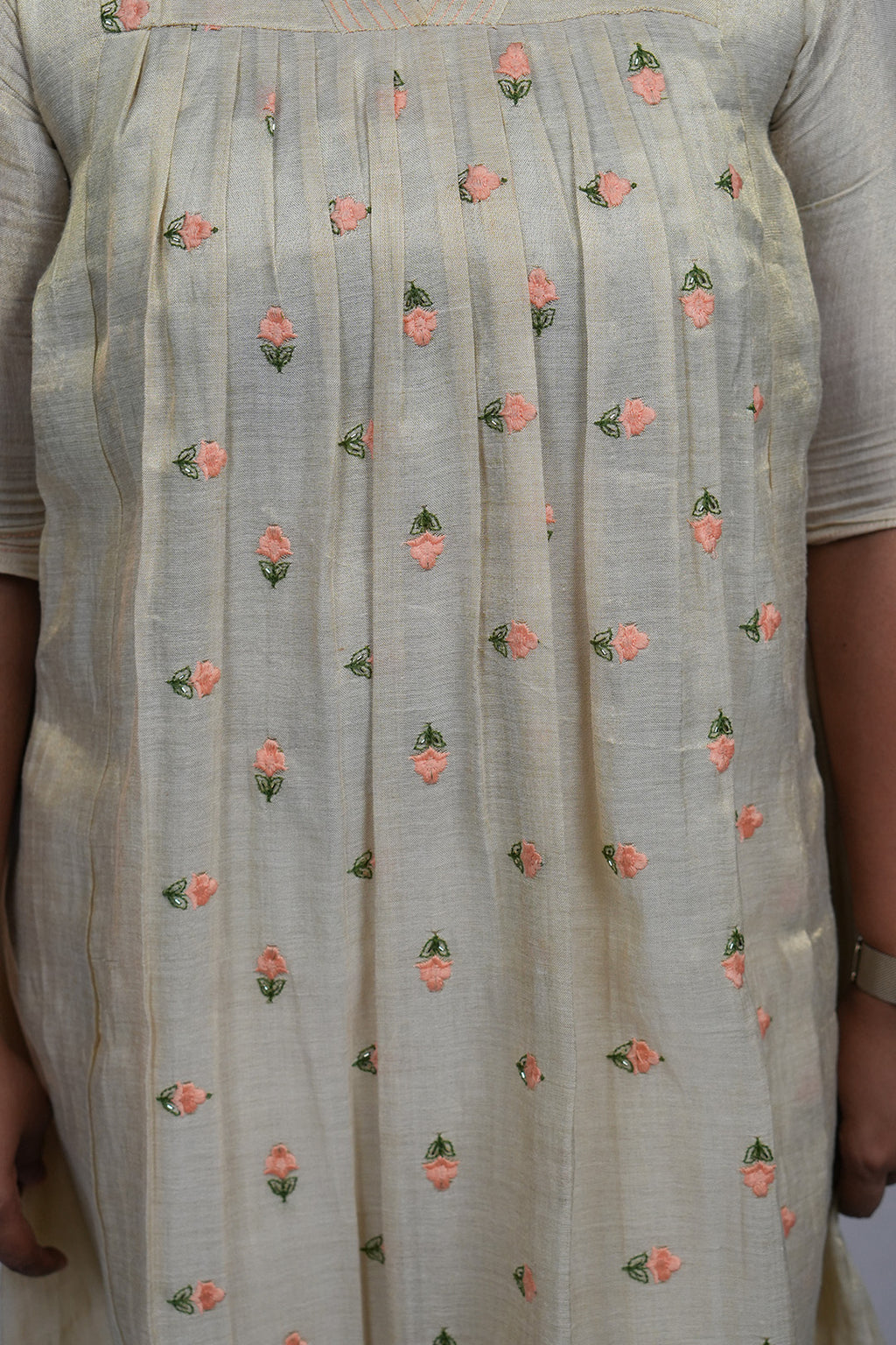 Close up of neckline detailing on Aroha Peach Whisper co-ord set