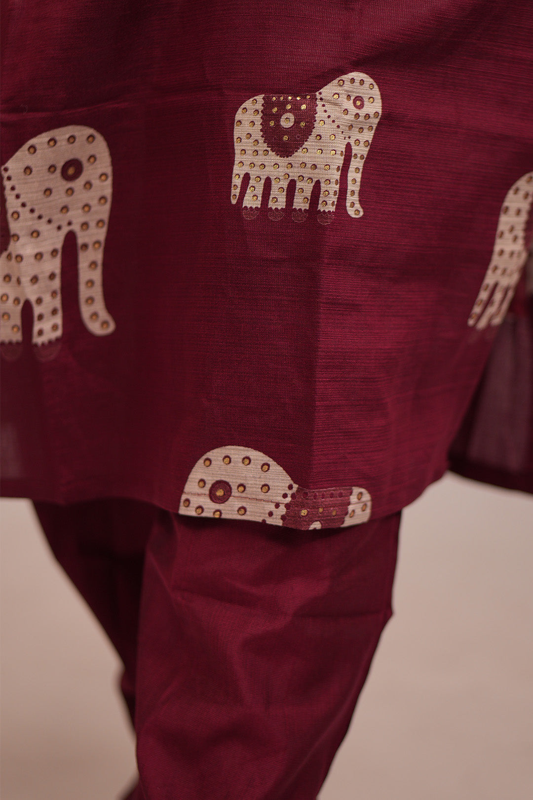 Close up of pant detailing on Aroha Ruby Elephant maroon co-ord set