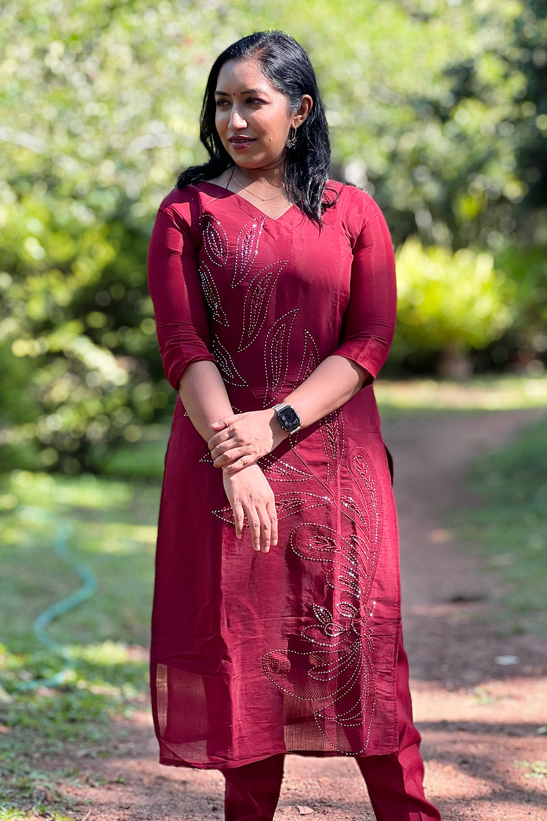 Aroha Ruby Grace maroon co-ord set, styled view